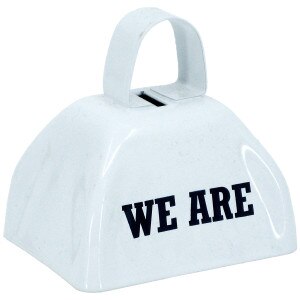 white cow bell with We Are printed on one side